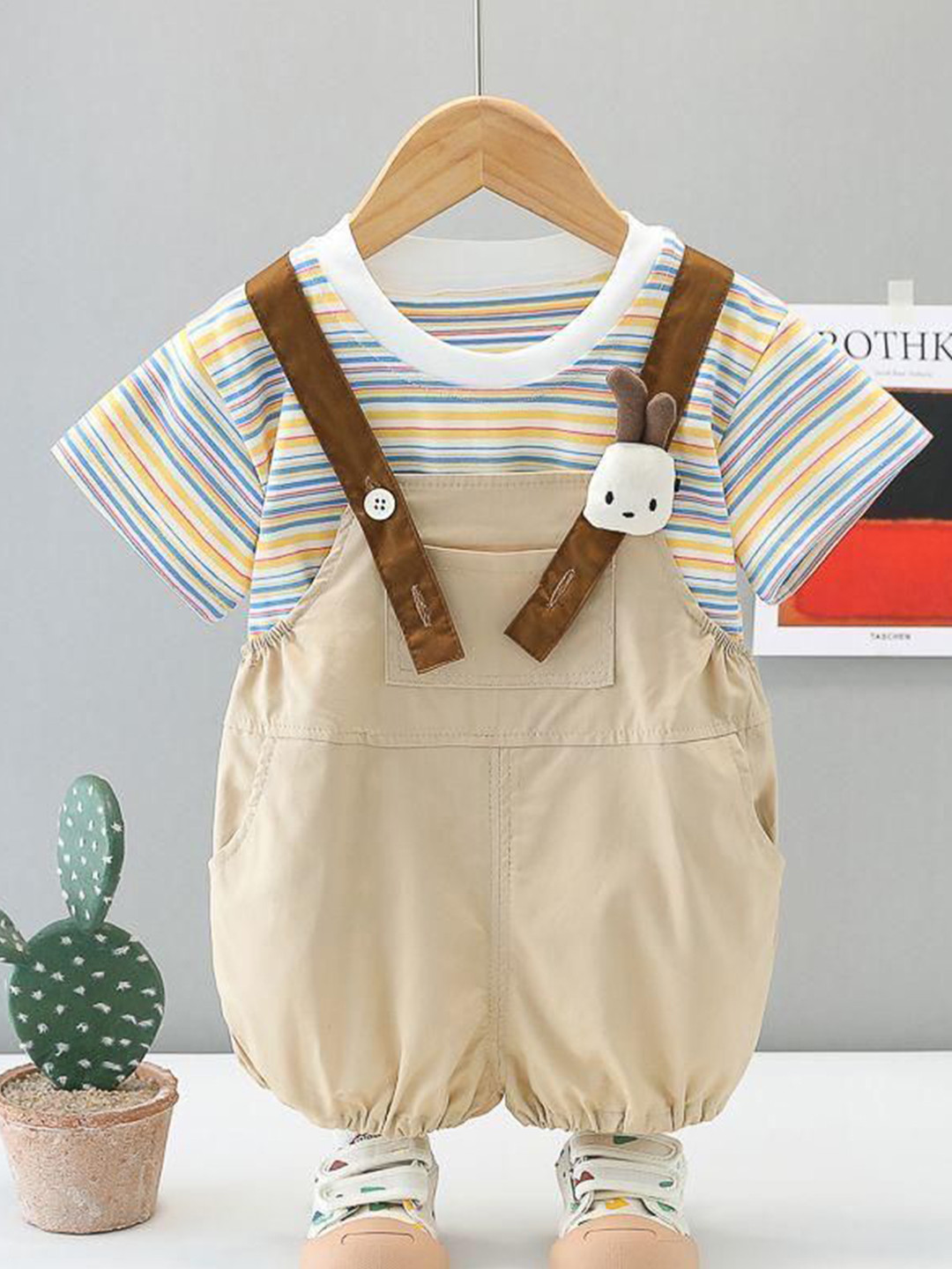 POP STREET KIDS Girls Striped Printed Dungarees With T-Shirt