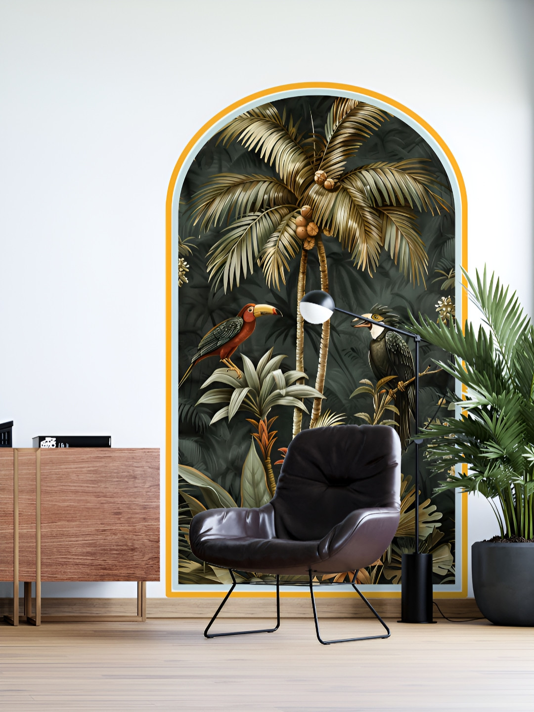 Myntra Elegant Homes Green & Brown Tropical Paradise Palm Trees & Birds Printed Wallpaper