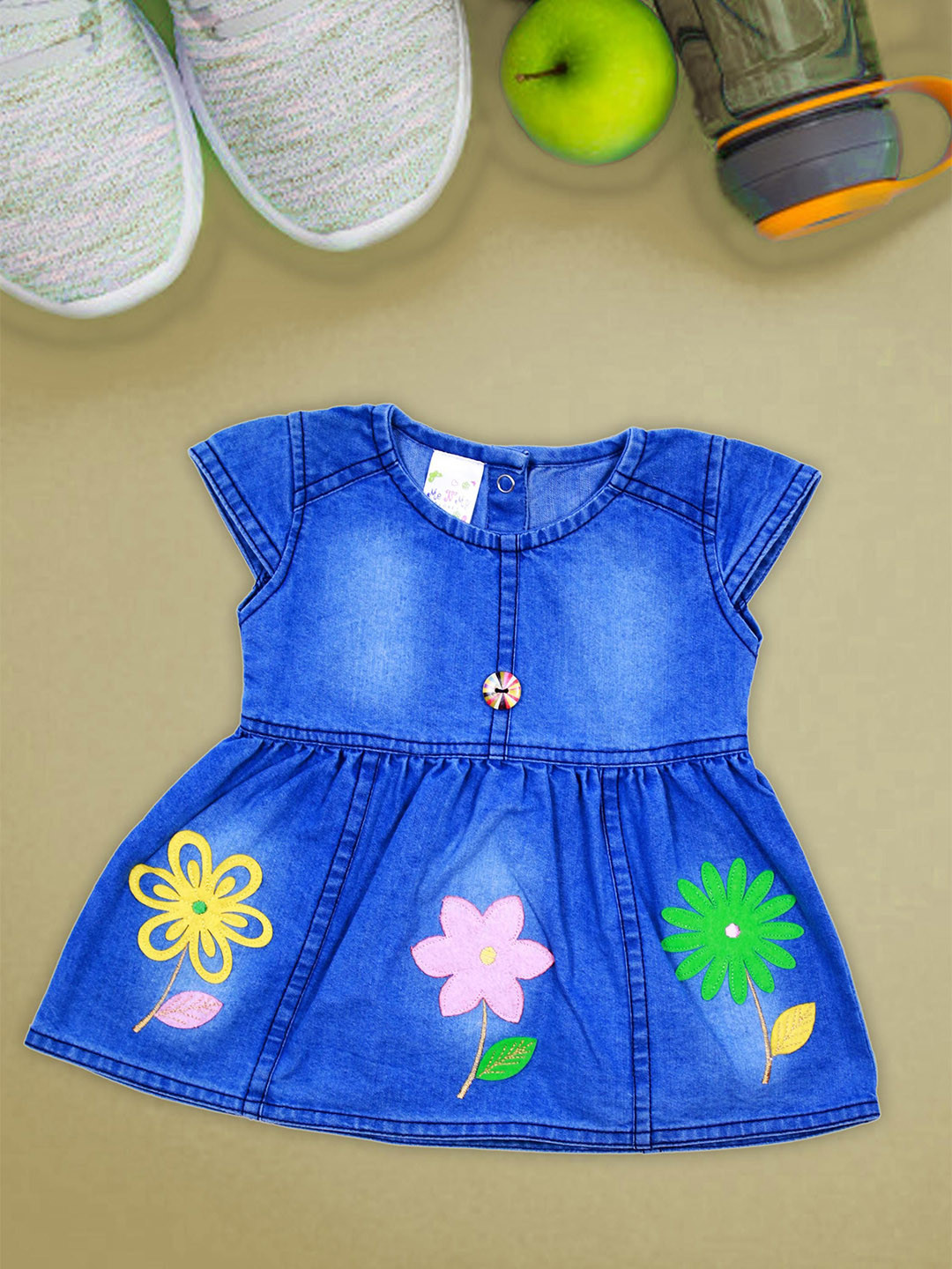 ME N MY Girls Floral Printed Round Neck Cap Sleeves Cotton Fit & Flare Dress