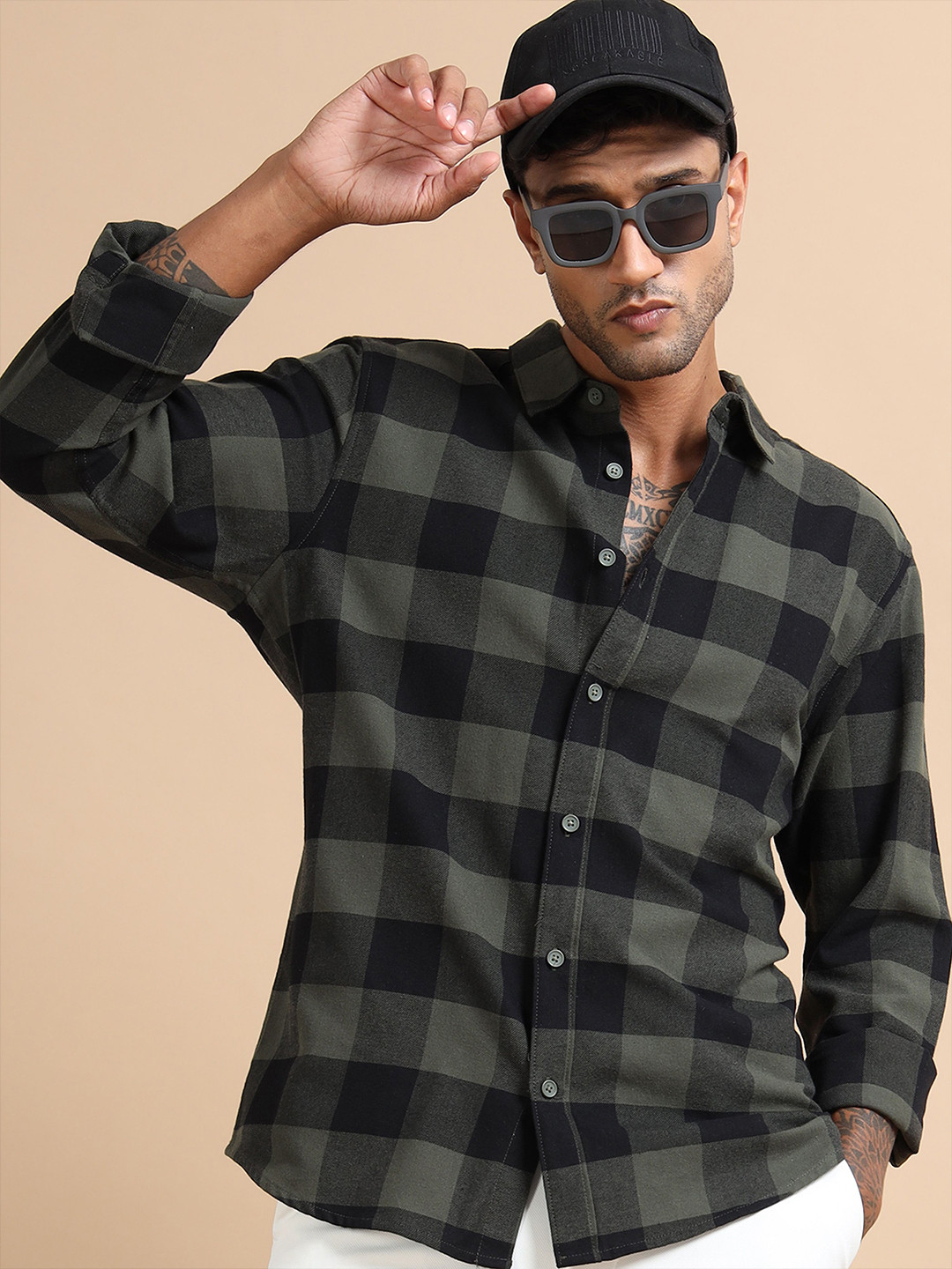 StitchX Men's Dark Green Slim Fit Brushed Cotton Buffalo Checkered Shirt