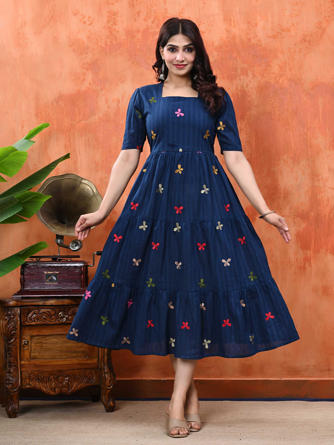 Cloth Bites Embroidered Cotton Fit & Flare Midi  Dress