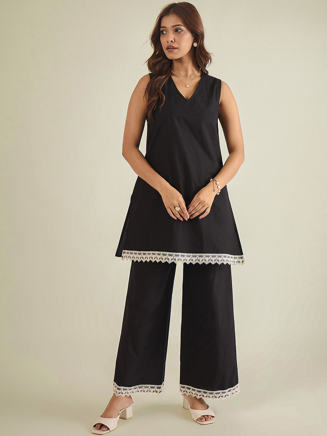WineRed Lace Detailed Tunic & Trousers Co-Ord Set