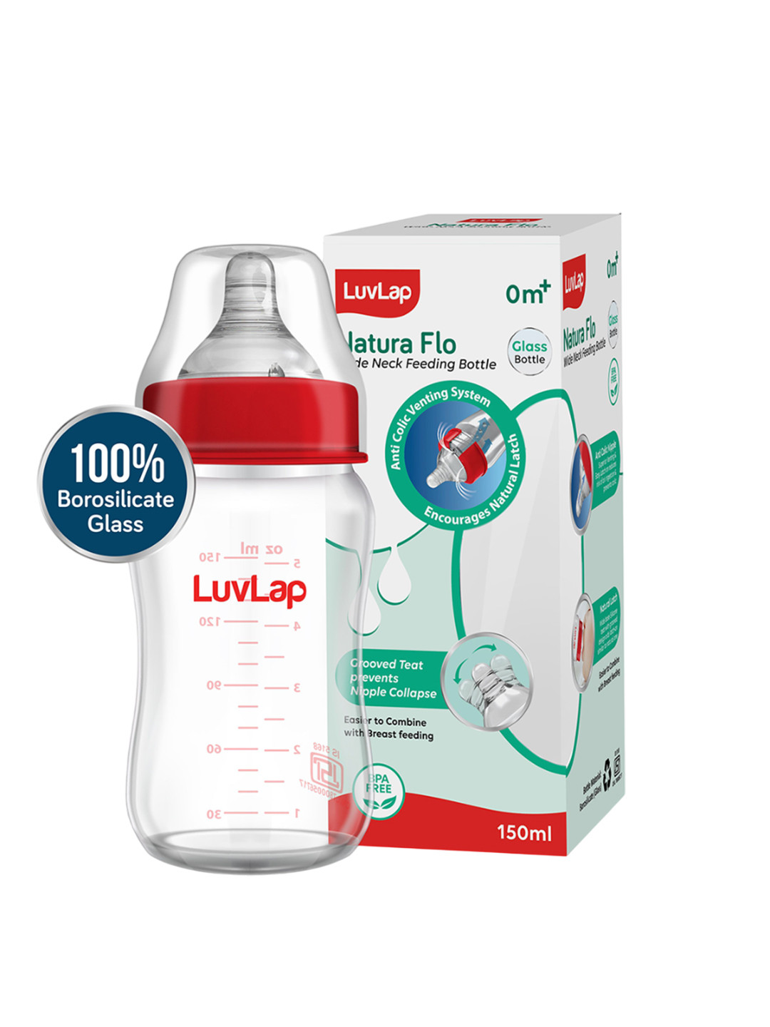 LuvLap Kids Red Wide Neck Glass Feeding Bottle150ml