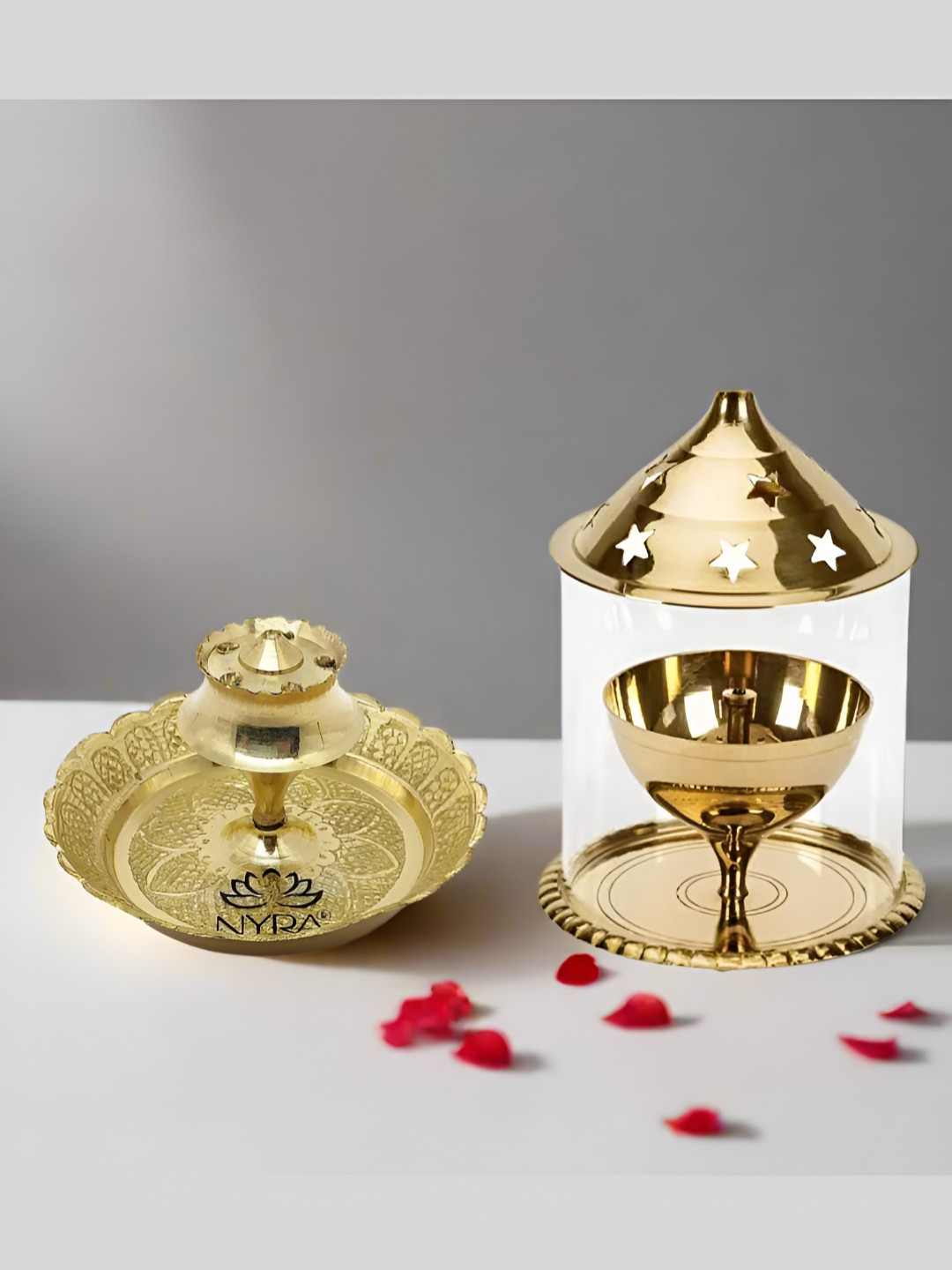 Nyra Kitchenware Gold-Toned 2 Pieces Akhand Jyoti Diya & Agarbatti stand Set