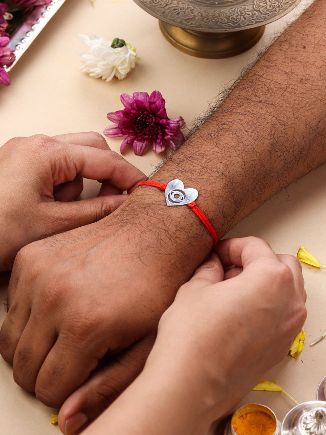 House of Aadyaa 92.5 Sterling Silver Laser Cut Evil Eye Heart Thread Rakhi