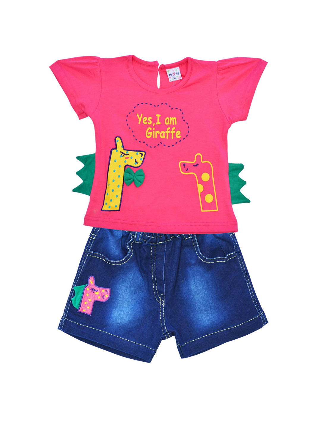 ME N MY Girls Graphic Printed Round Neck Pure Cotton Top And Shorts Set