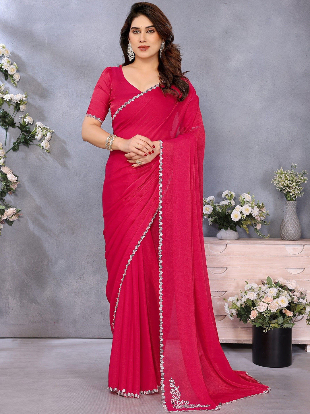 Pandadi Saree Sequinned Border Saree With Blouse Piece