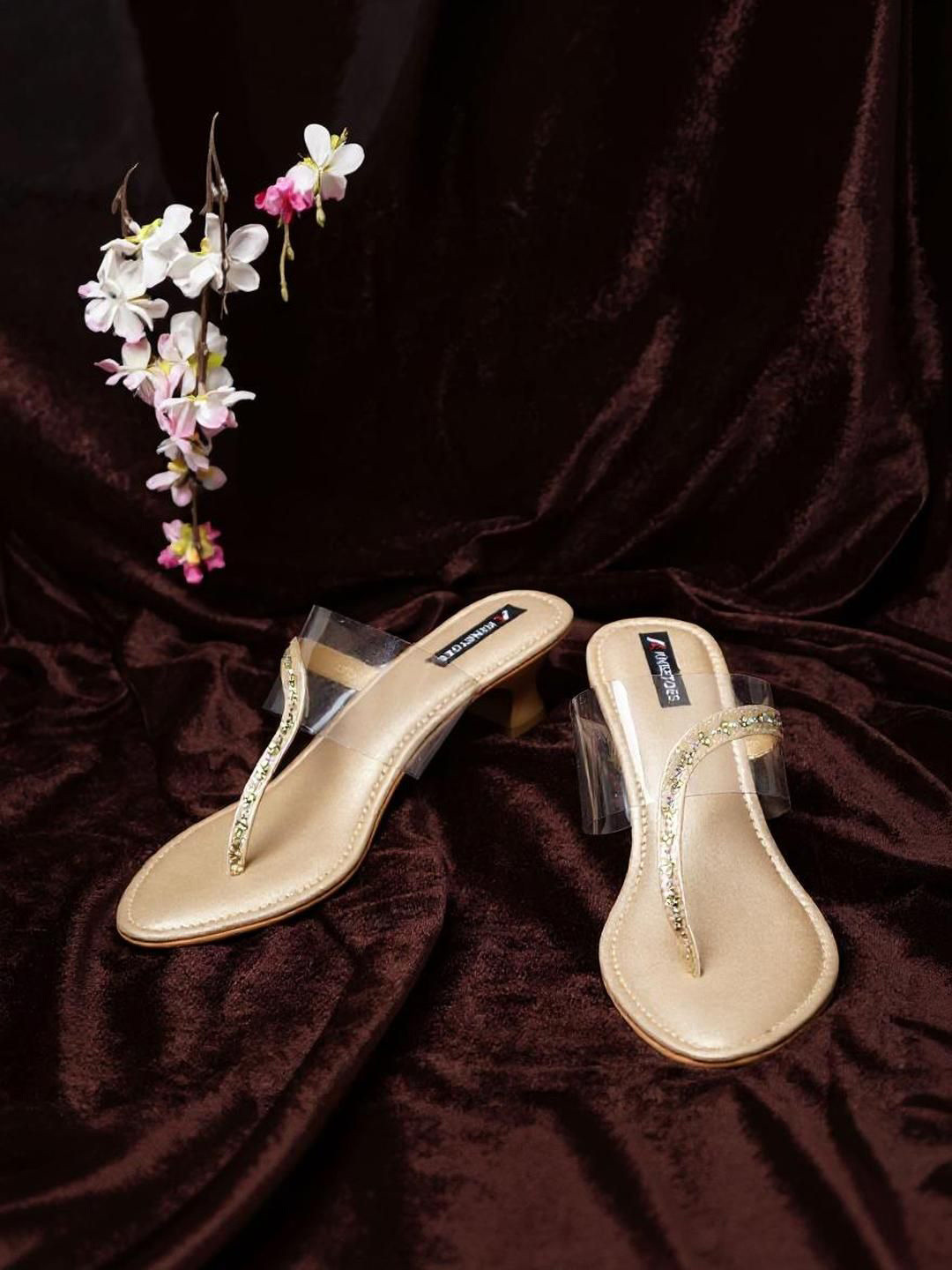 Kneetoes Women Sparkly Gold Kitten Heel Sandals