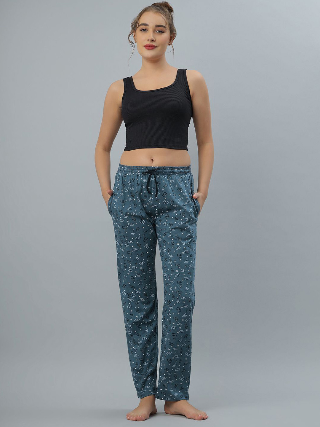 BLUWEEA Printed Cotton Mid Rise Lounge Pants