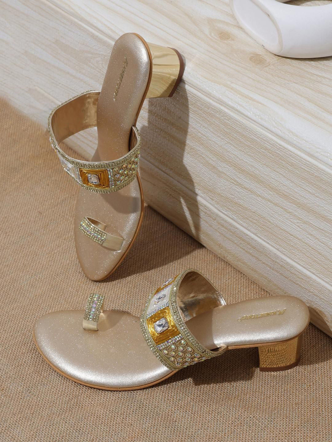 Kneetoes Women Glam Studded Champagne Block Heel Sandals