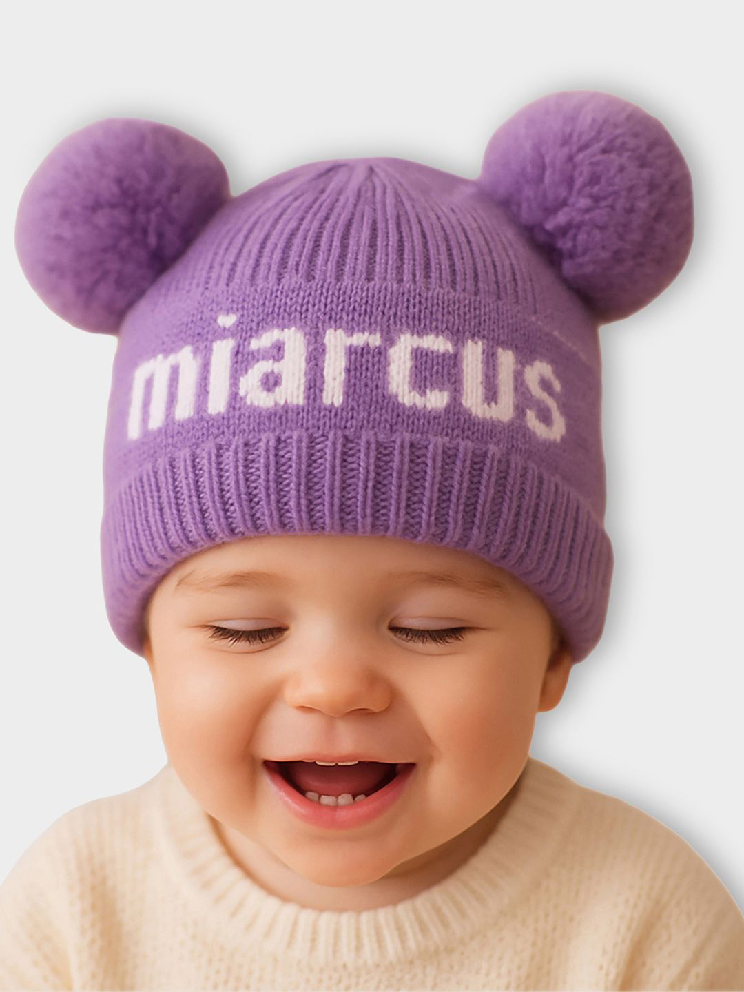 MiArcus Kids Purple Text Pattern Cotton Skull Cap with Pom Pom