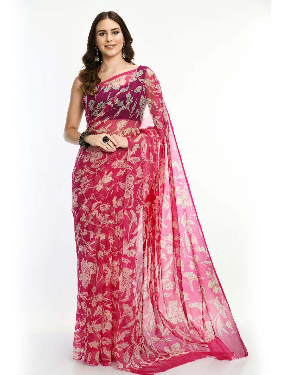 House of Chiffon White Print Flower Saree