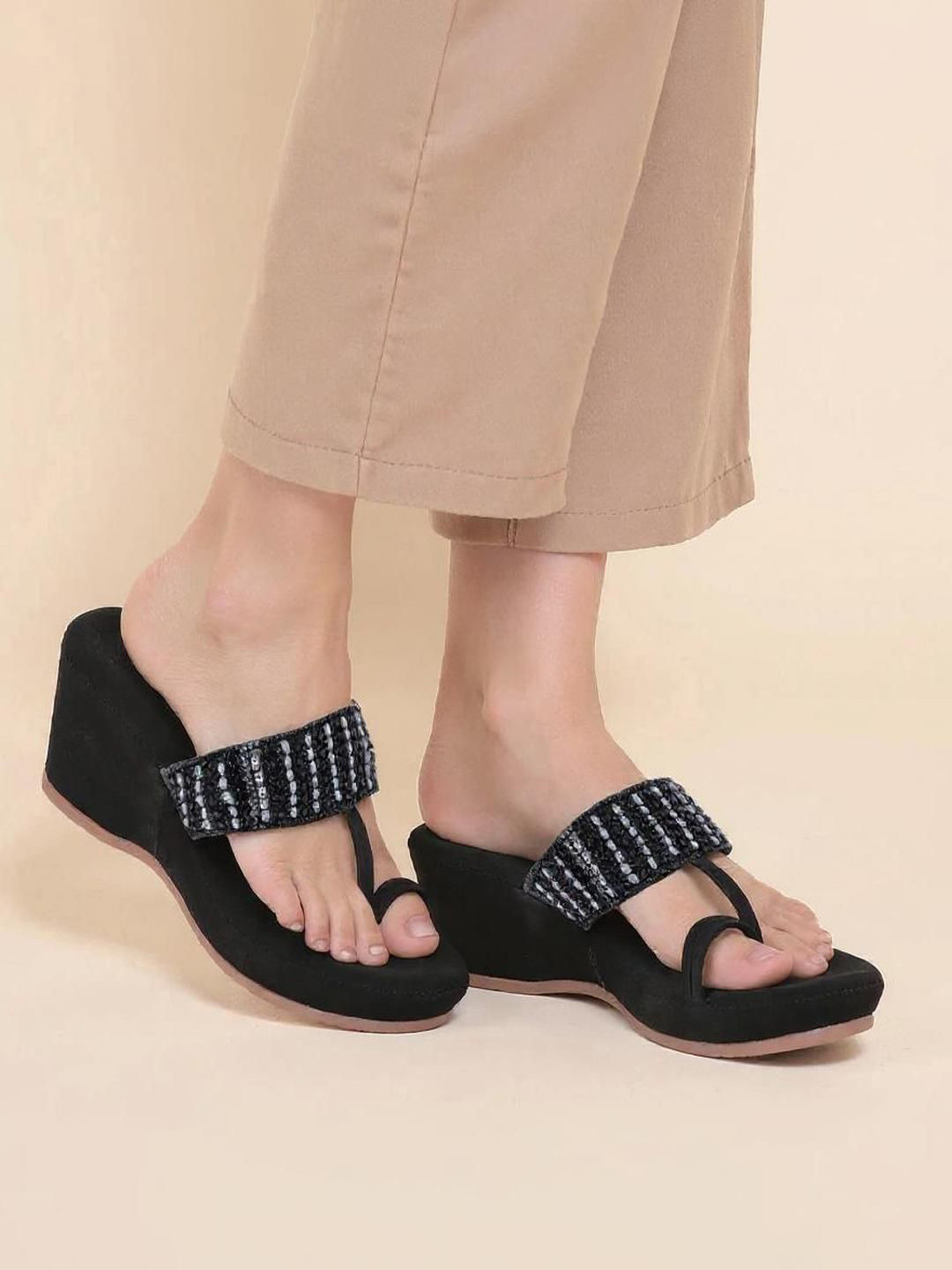 Kneetoes Women Black Beaded Stone-Work Wedge Sandals