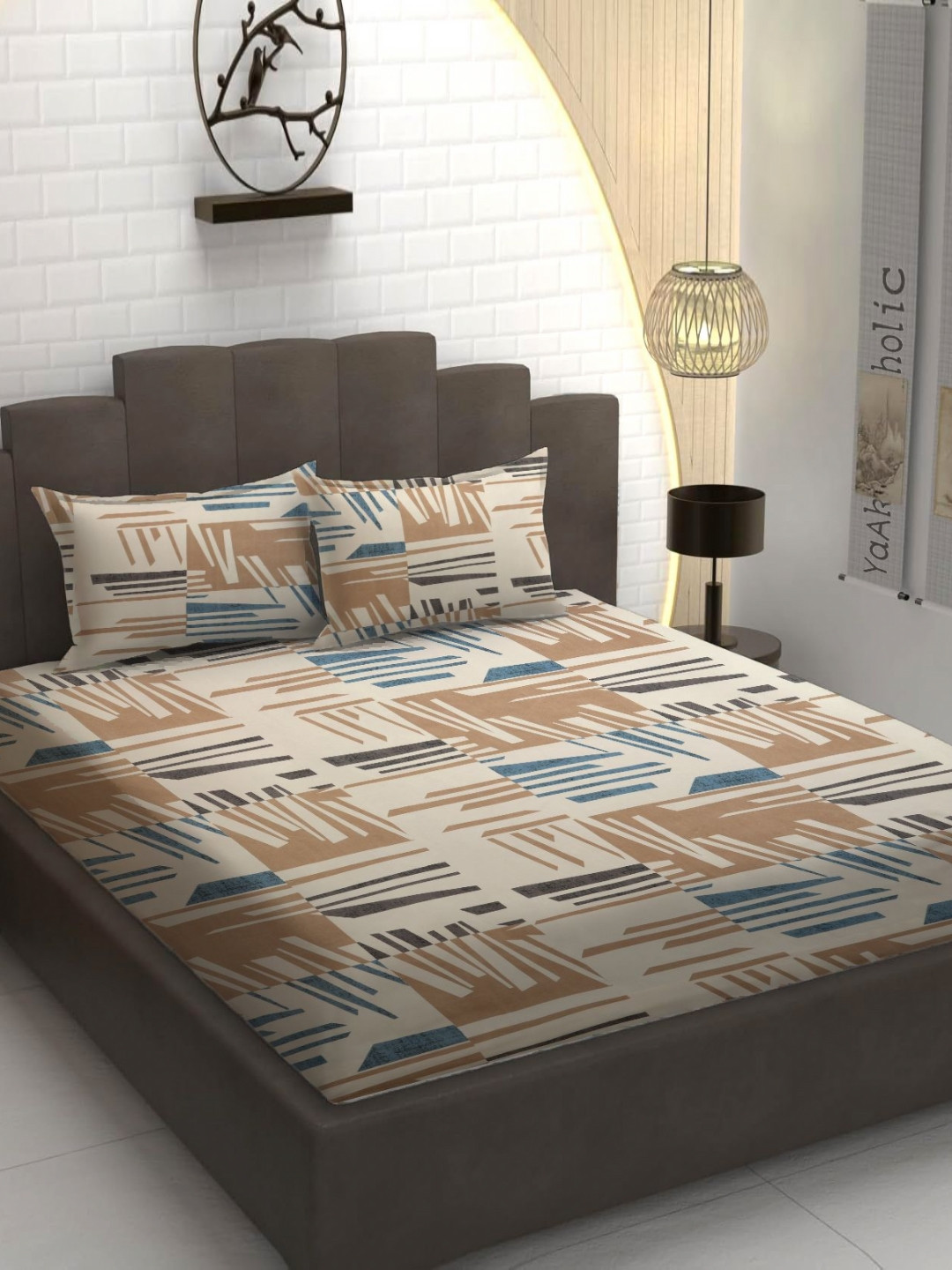 YaAkholic Cream-Colored Abstract Microfiber 210TC Fitted Queen Bedsheet Set-1.98mx1.8m