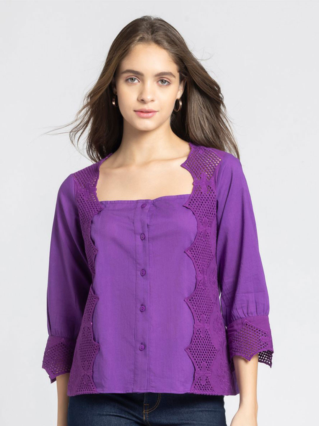 SHAYE Women Purple Square Neck Solid Three-Quarter Sleeves  Women Cotton Top