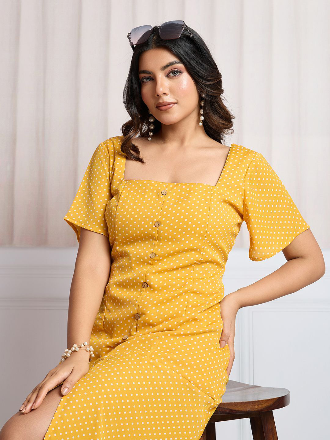 TATER GARMENTS Women Polka Dot  Square Neck A-Line Dress