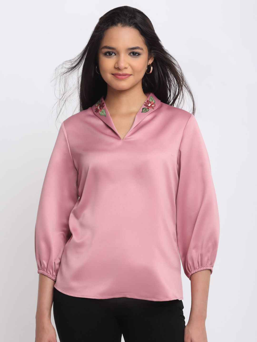 SHAYE Women Solid Pink Shawl Collar Embroidered Satin Regular V-Neck Top