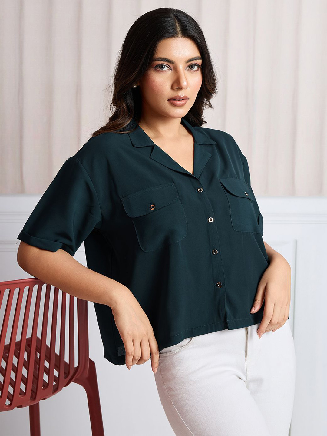 TATER GARMENTS Women Standard Fit Solid Cuban Collar Casual Shirt