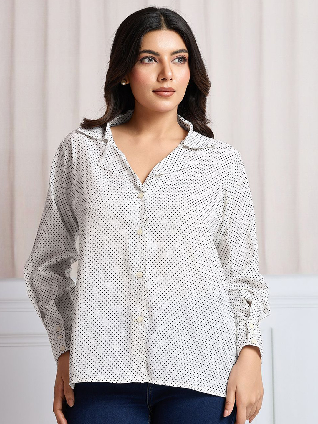 TATER GARMENTS Women Standard Fit Micro Ditsy Printed Cuban Collar Casual Shirt