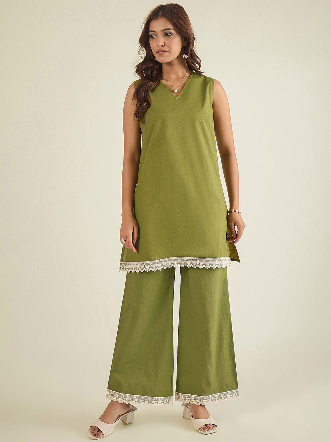 WineRed Lace Detailed Tunic & Trousers Co-Ord Set