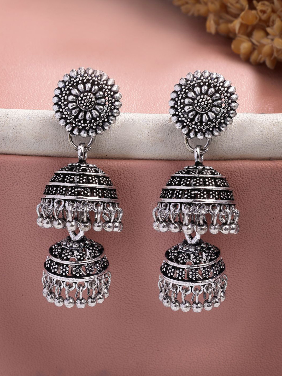 Anouk German Silver-Plated Traditional Oxidised Dome Shaped Jhumkas