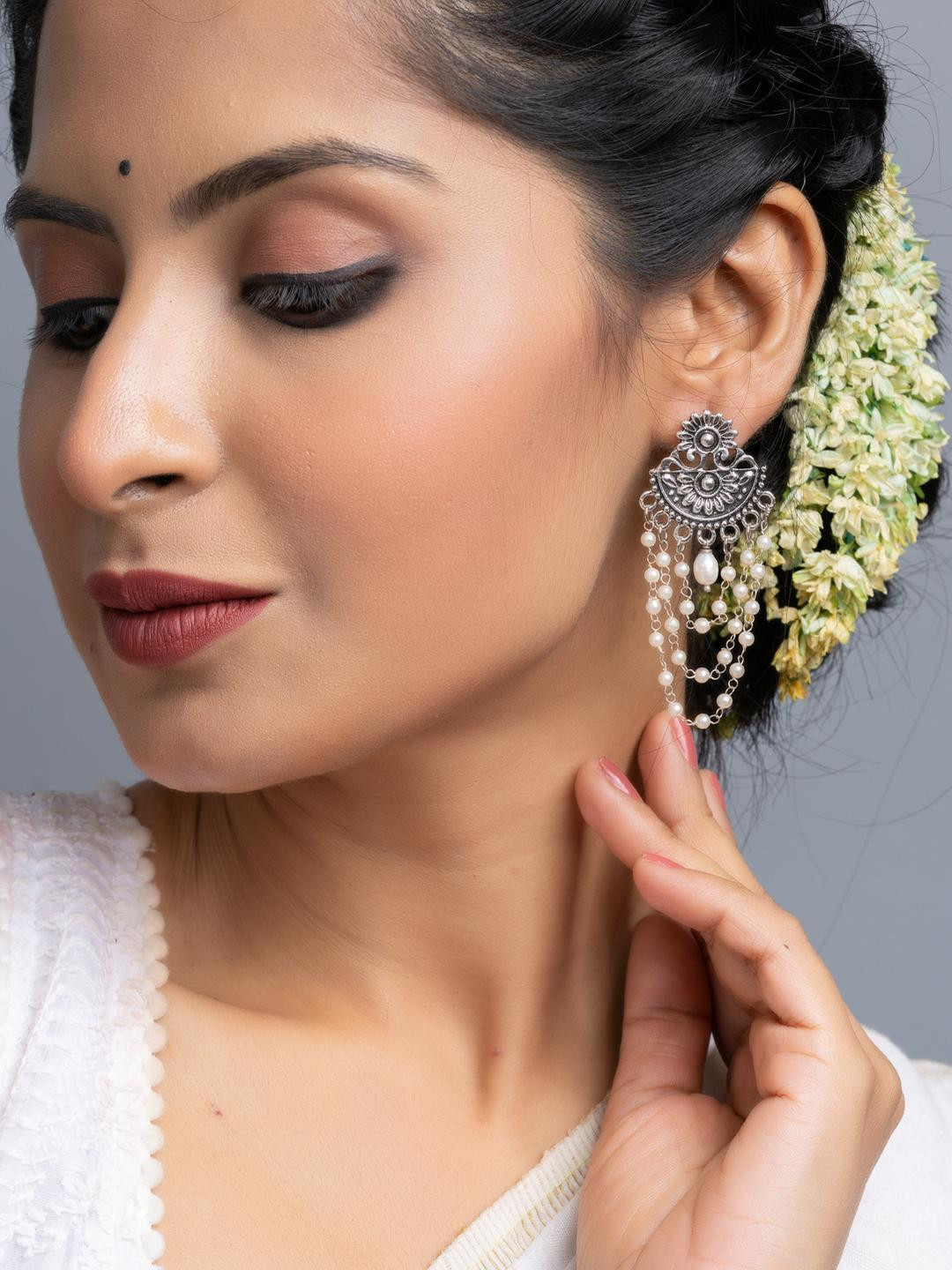 Look and Adorn Fresh Water Pearl German Silver with Pearl Chain Stud Earrings