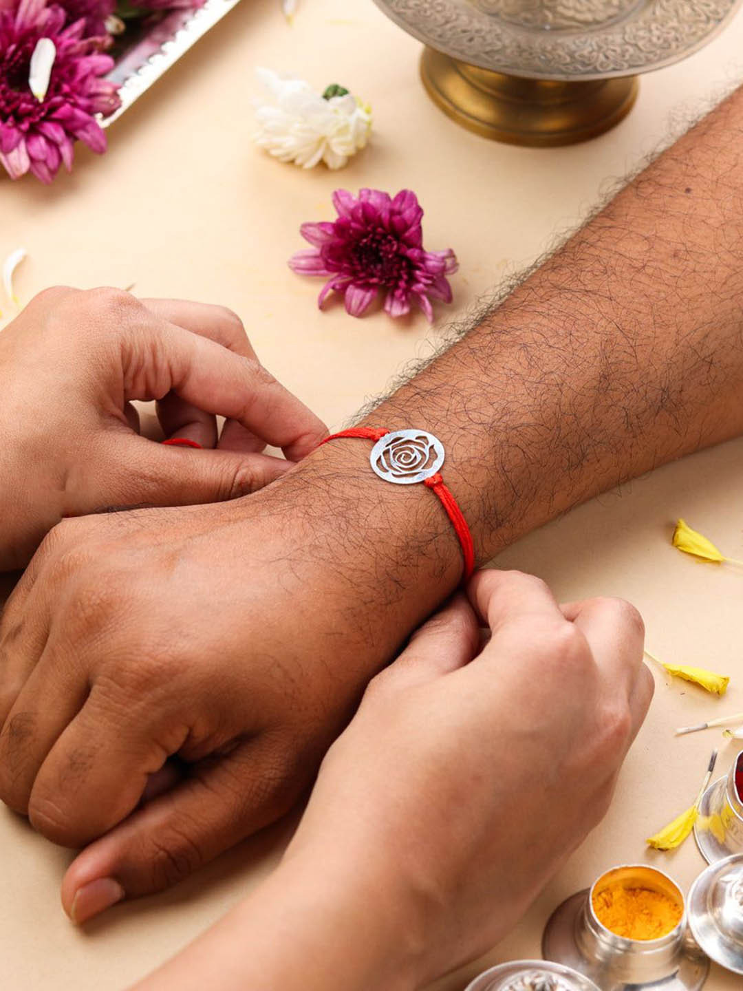 House of Aadyaa 92.5 Sterling Silver Laser Cut Rose Thread Rakhi