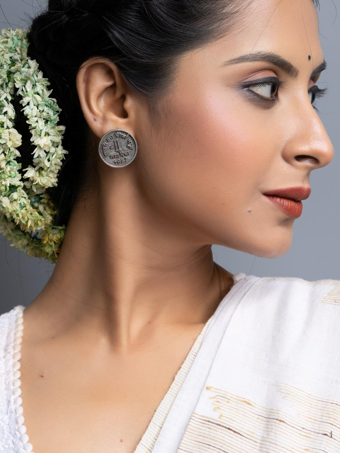 Look and Adorn Oxidised Silver 1 Paise Stud Earrings