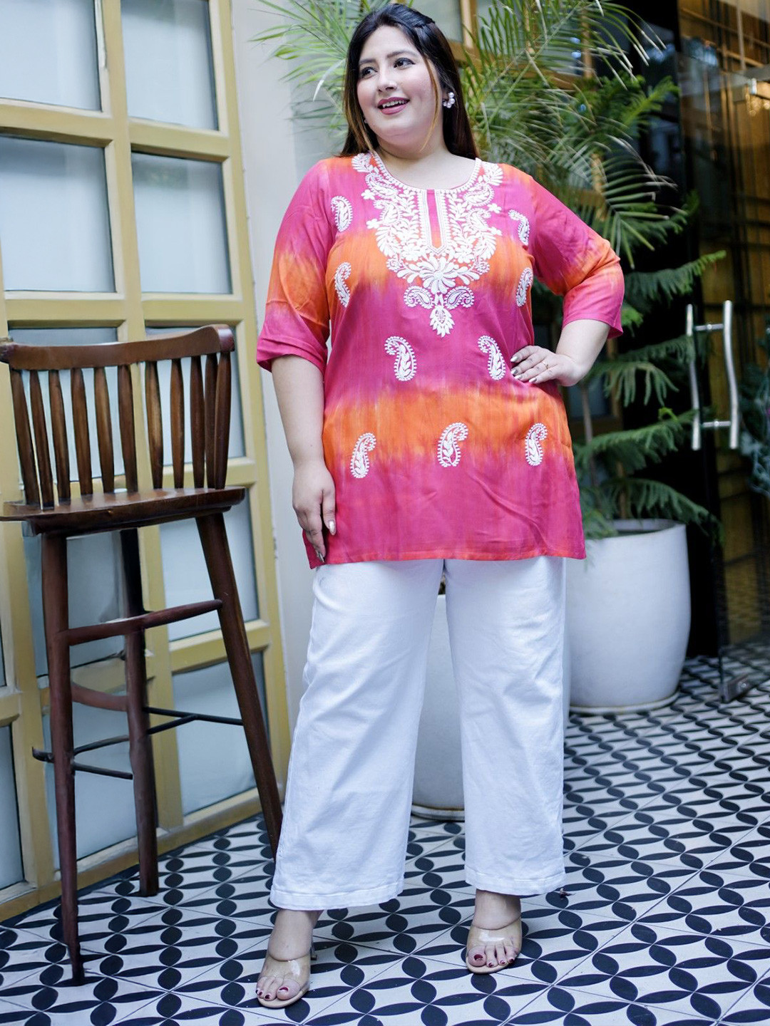 Lee Moda Plus Size Shibori Tie & Dye Chikankari Straight Kurti