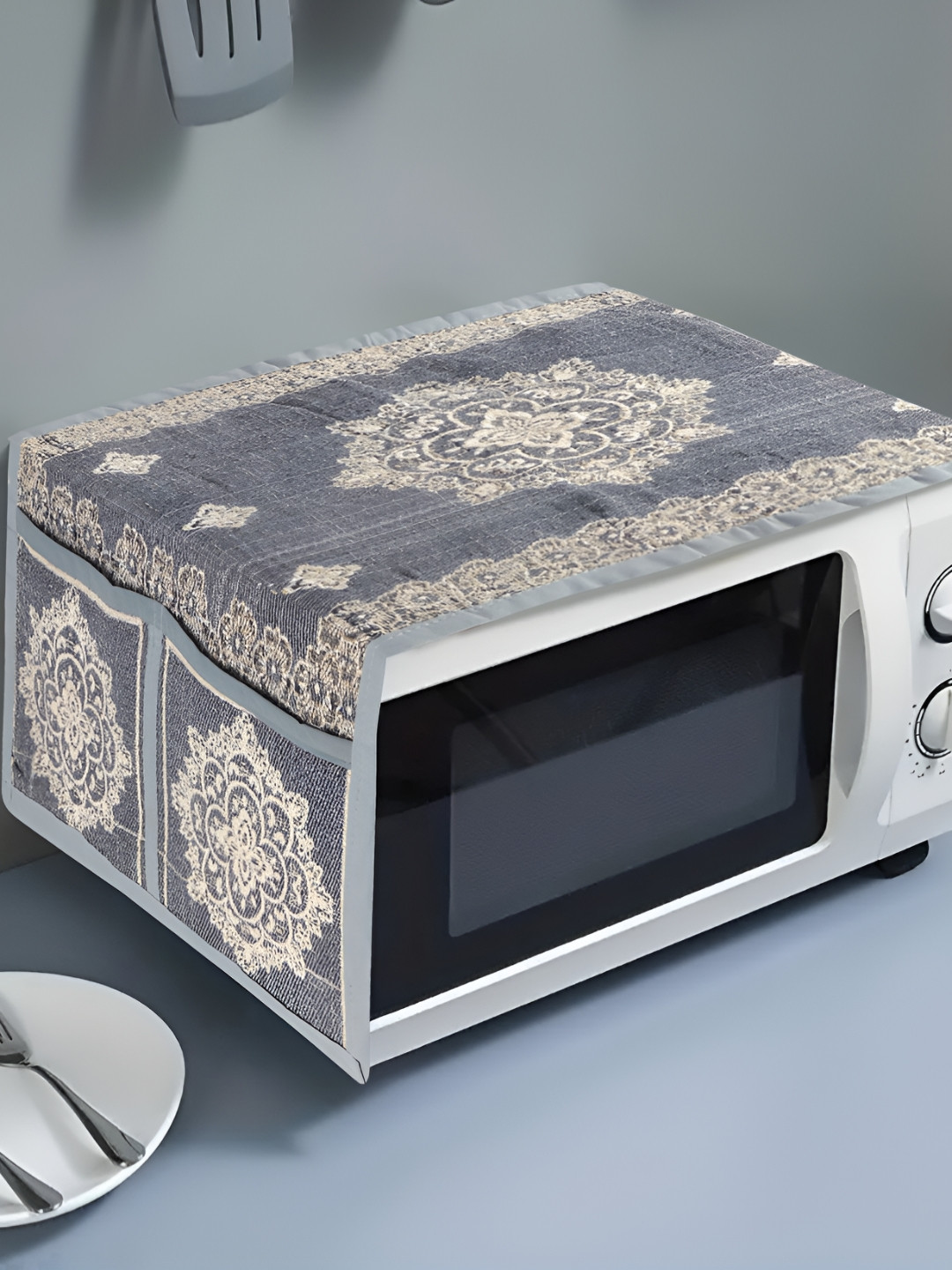 Dakshya Industries Grey & Beige Printed Microwave Oven Top Cover