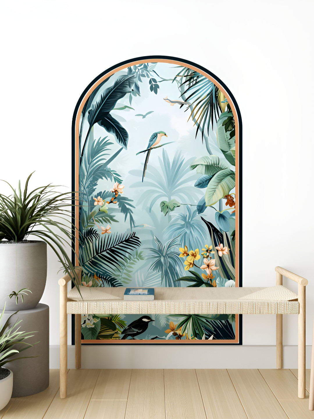 Myntra Elegant Homes Blue & Yellow Printed Arch Design With Tropical Paradise Wall Sticker