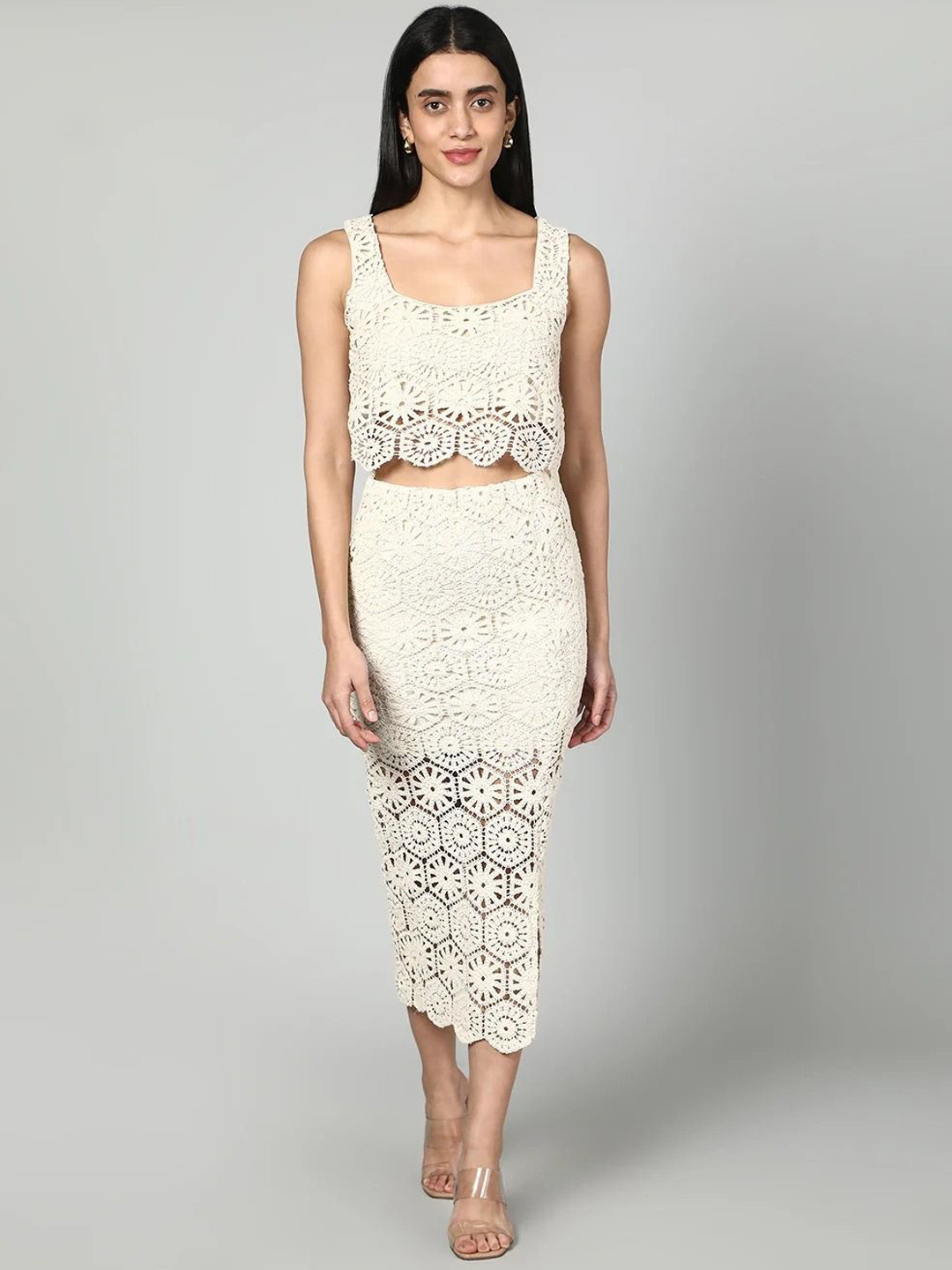 Fashion Gaiia Self Design Crochet Top & Skirt Co-Ord Set