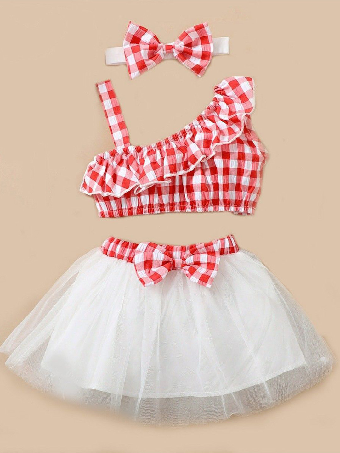 Netra Creation Girls Checked Print Ruffle Bow Detail Clothing Set