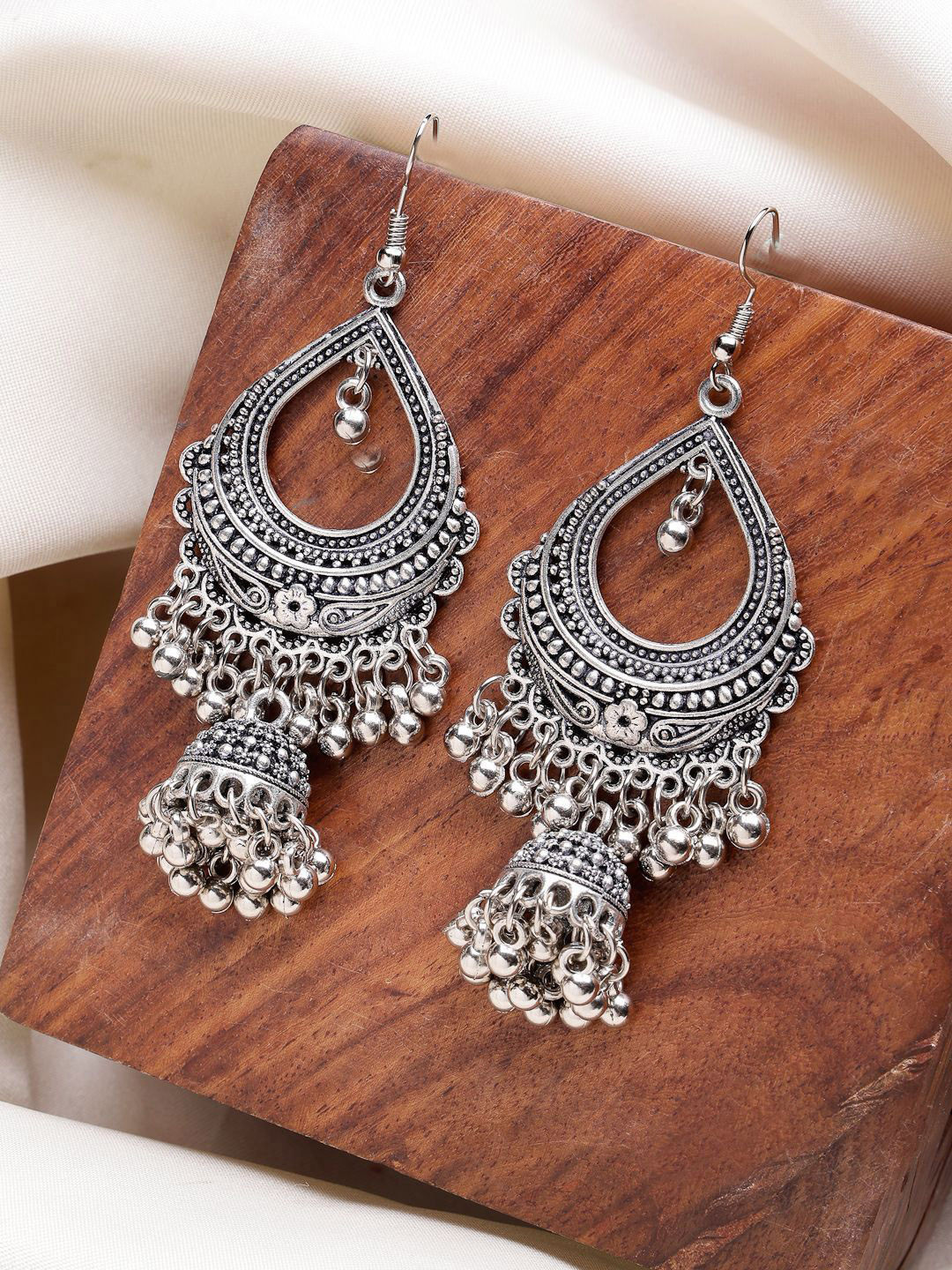 Sangria German Silver Silver-Plated Ghungroo Beaded Oxidised Jhumkas