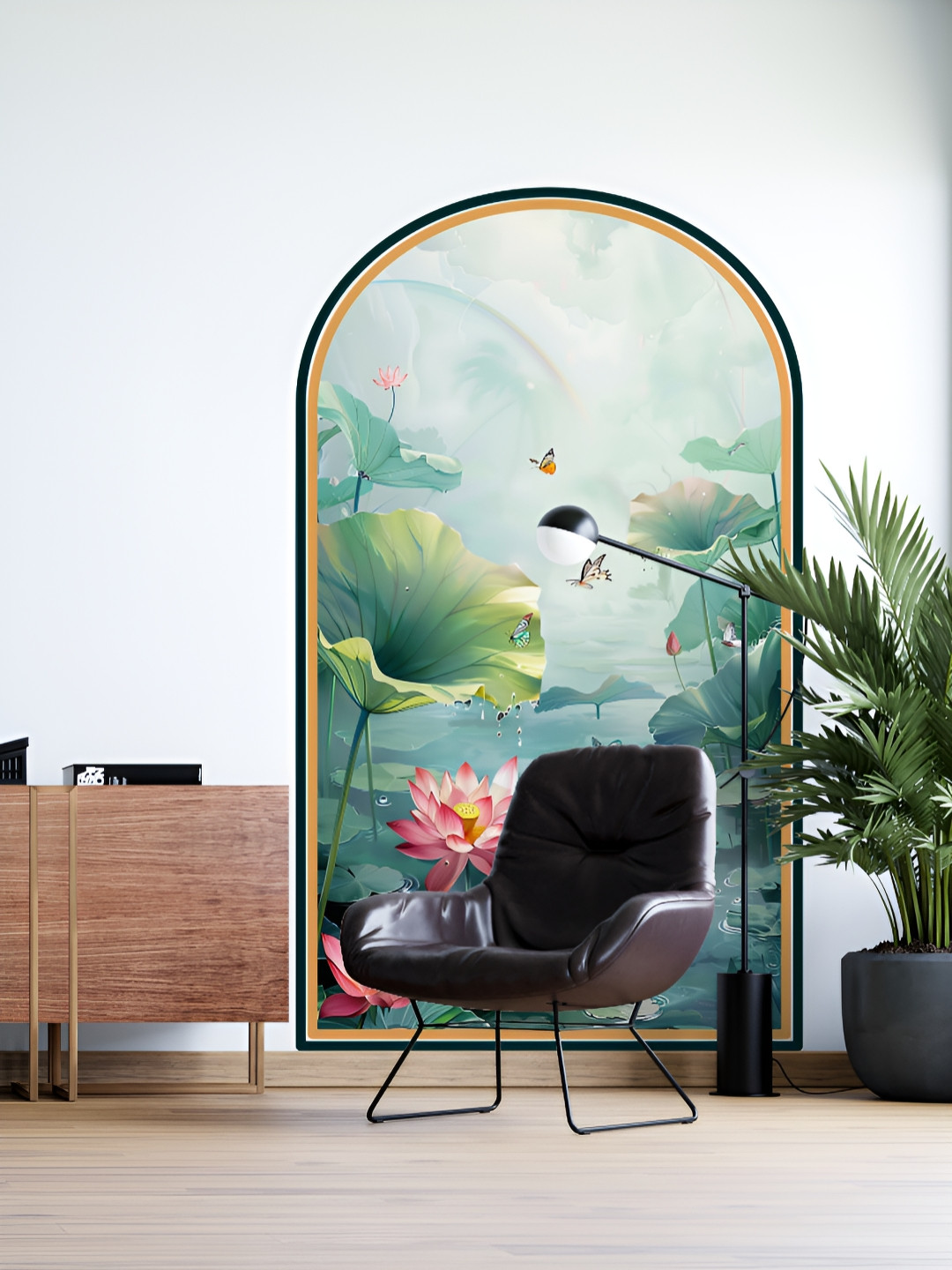 Myntra Elegant Homes Green & Pink Lotus Pond Oriental Garden Printed Decorative Wallpaper