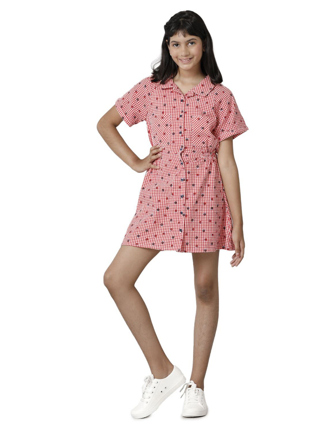 UNDER FOURTEEN ONLY Girl's Floral Printed Shirt Collar Cotton A-Line Mini Dress