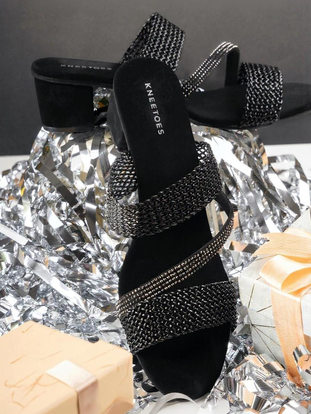 Kneetoes Women Black Stone-Work Braided Block Heels