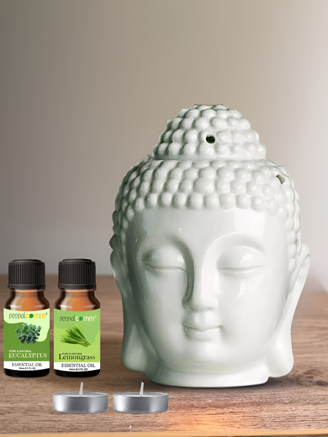 PEEPALCOMM 5Pcs White Ceramic Buddha-Aroma Diffuser With Essential Oils  & T-Light Candles