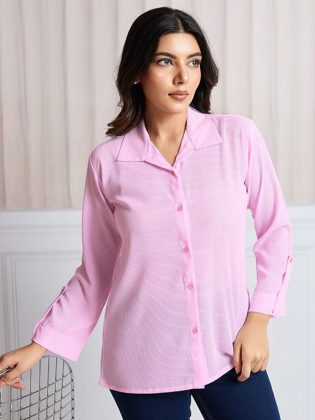 TATER GARMENTS Women Standard Fit Textured Spread Collar Casual Shirt