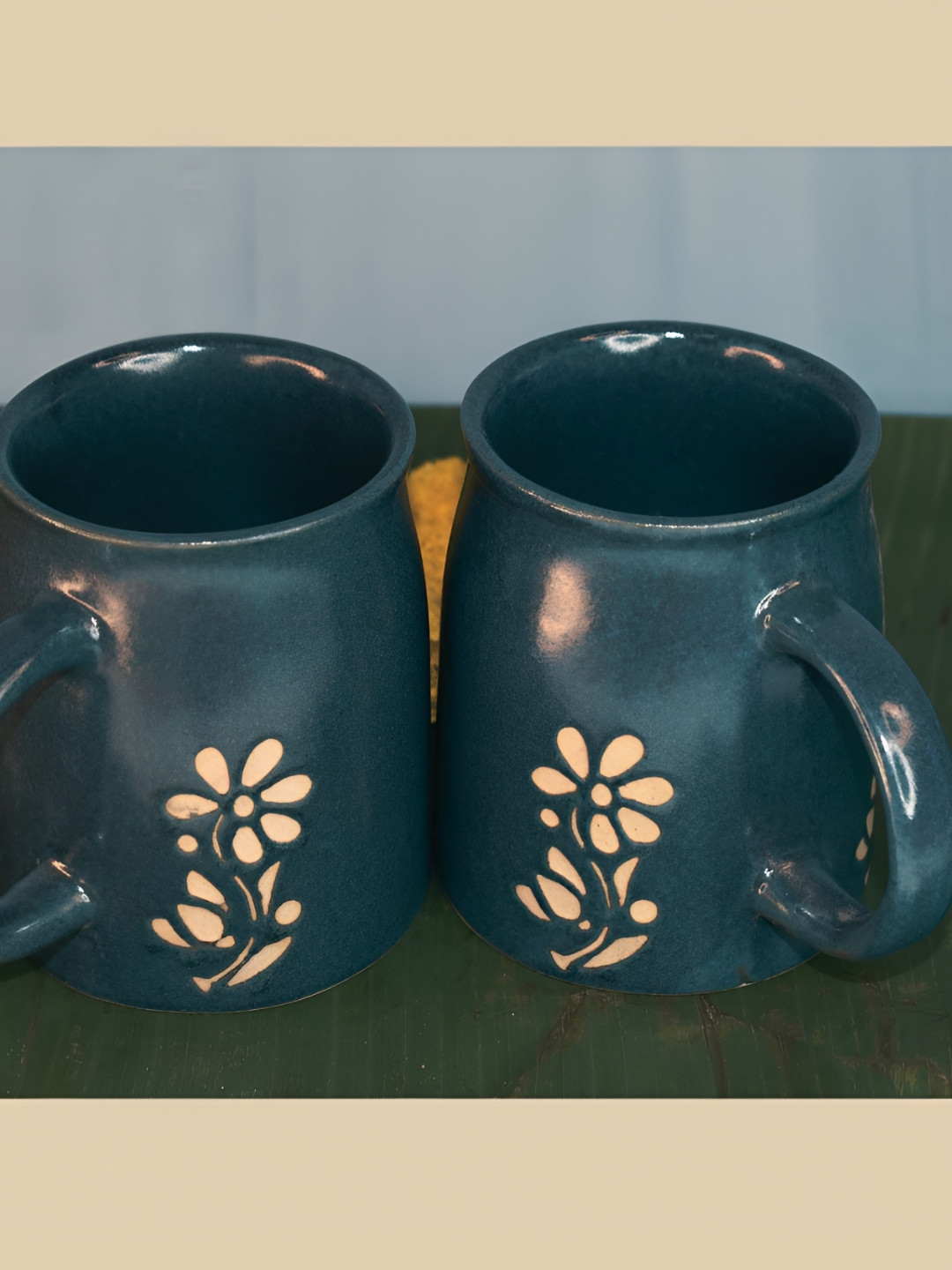TheYUGO Green & Cream 2 Piece Printed Ceramic Glossy Mugs Set