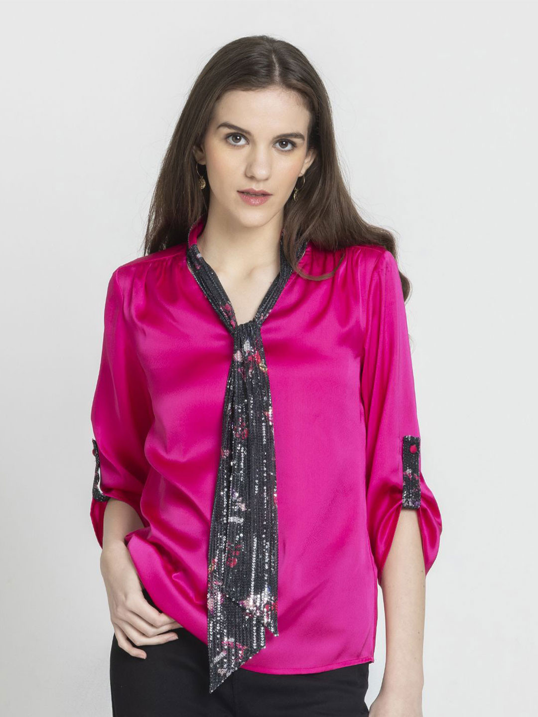 SHAYE Women V-Neck Sequin Three-Quarter Sleeves Party Tops