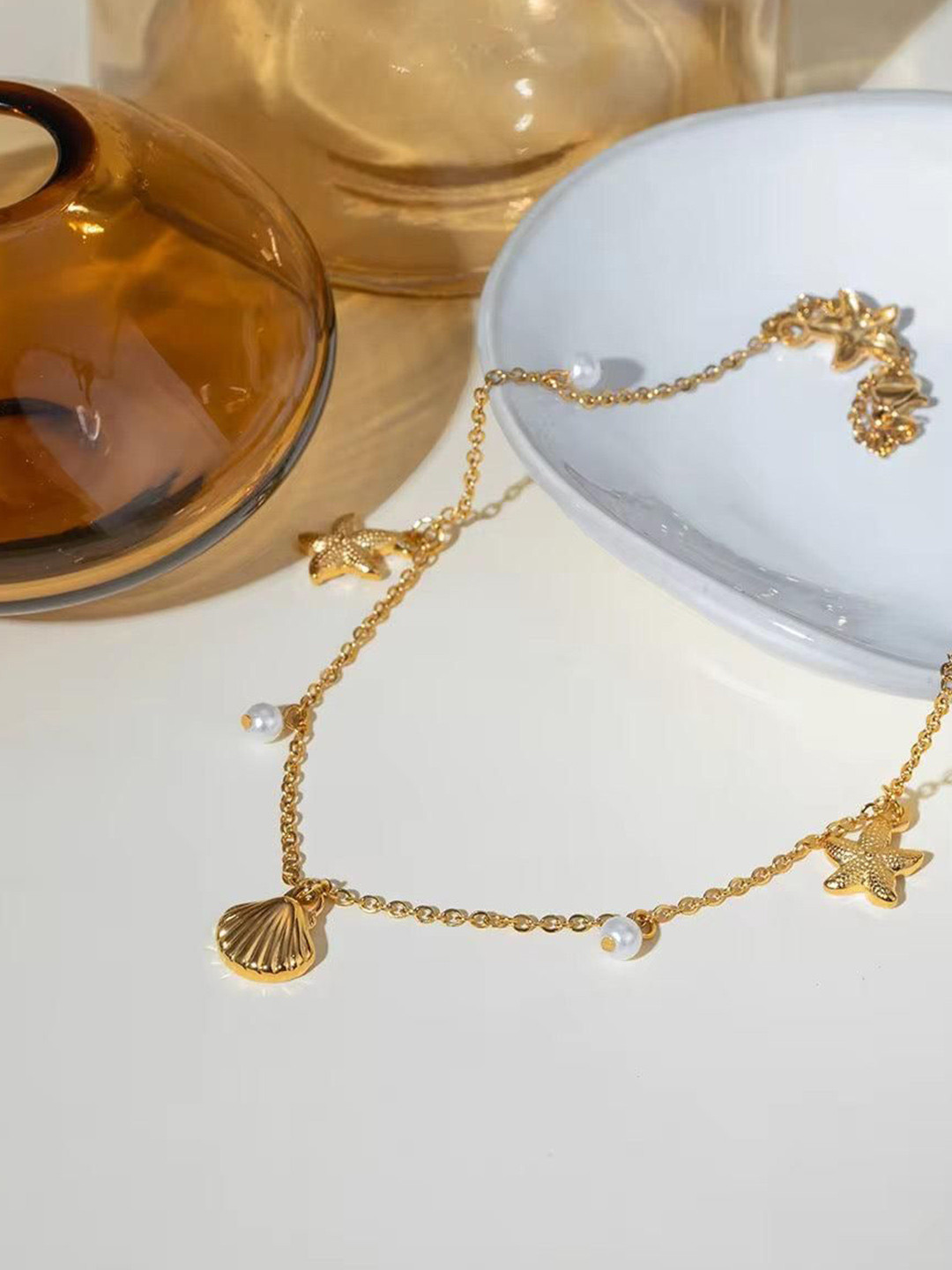 THEPANDASTOREE Women 18K Gold Plated Ocean Charm Pearl Necklace