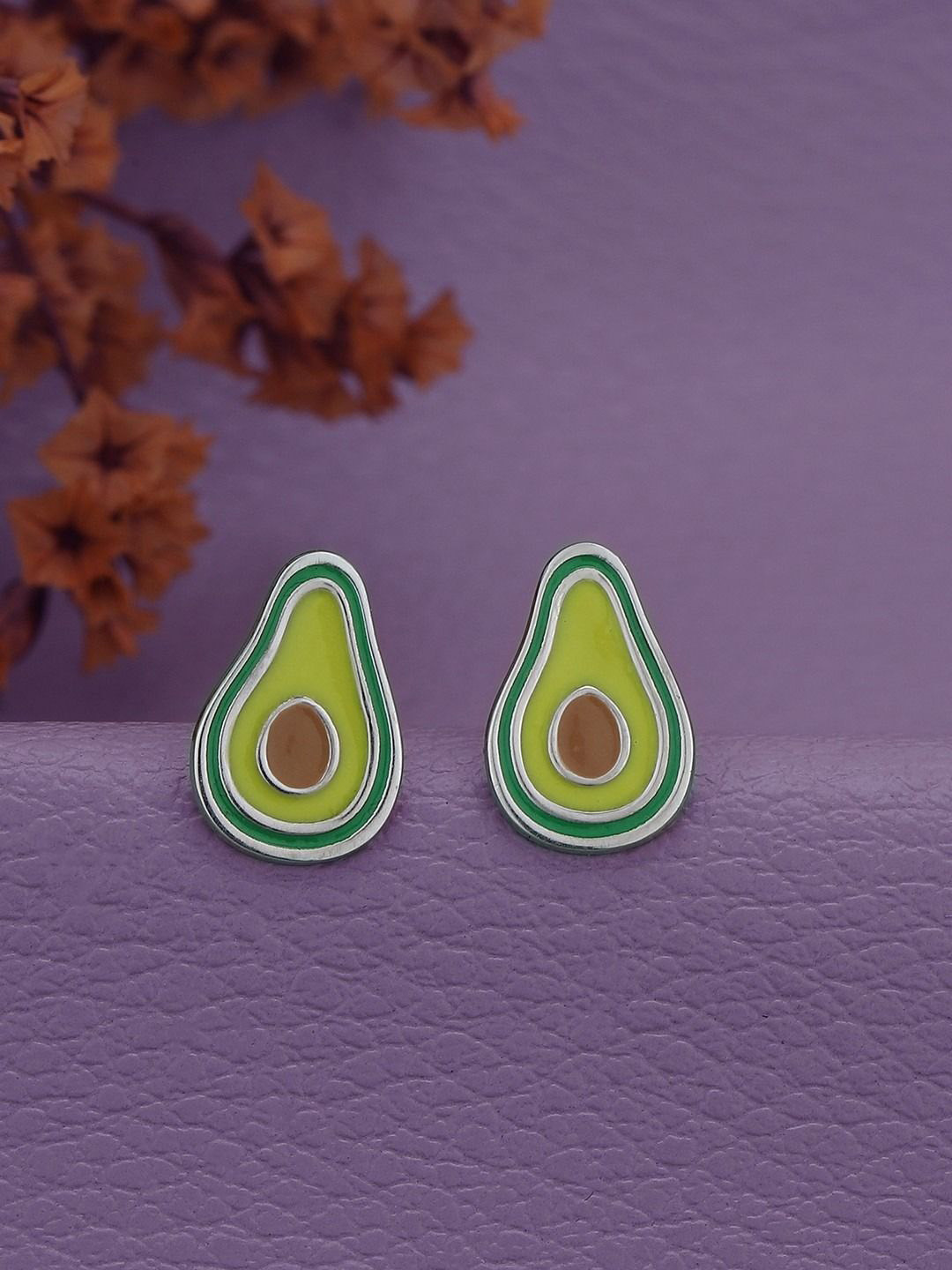 Carlton London 925 Sterling Silver Rhodium Plated with Enamel Avocado Stud Earring