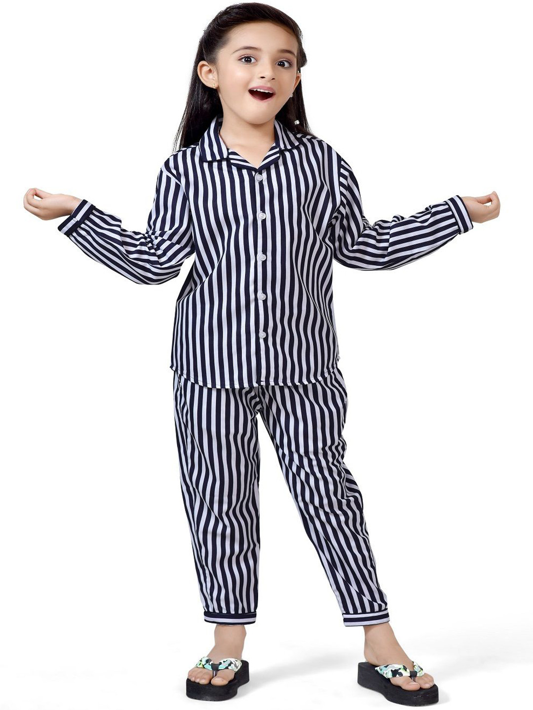 BAESD Girls Striped Shirt Collar Cotton Regular Night suit