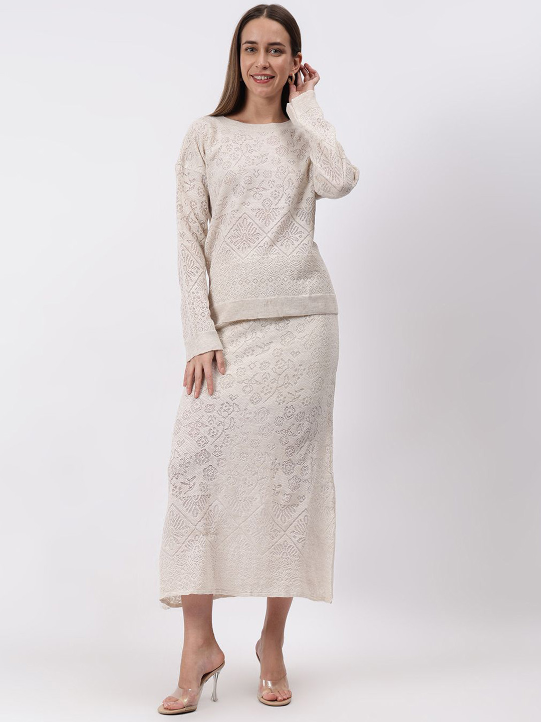 Fashion Gaiia Self Design Top & Midi Skirt Co-Ord Set