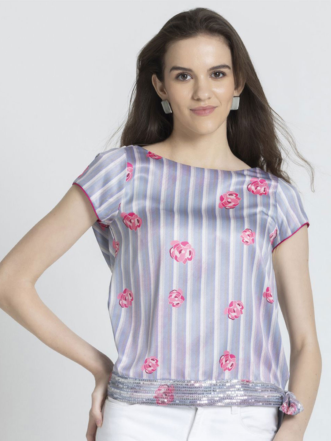 SHAYE Women  White Boat Neck Floral Print Short Sleeves Party Tops