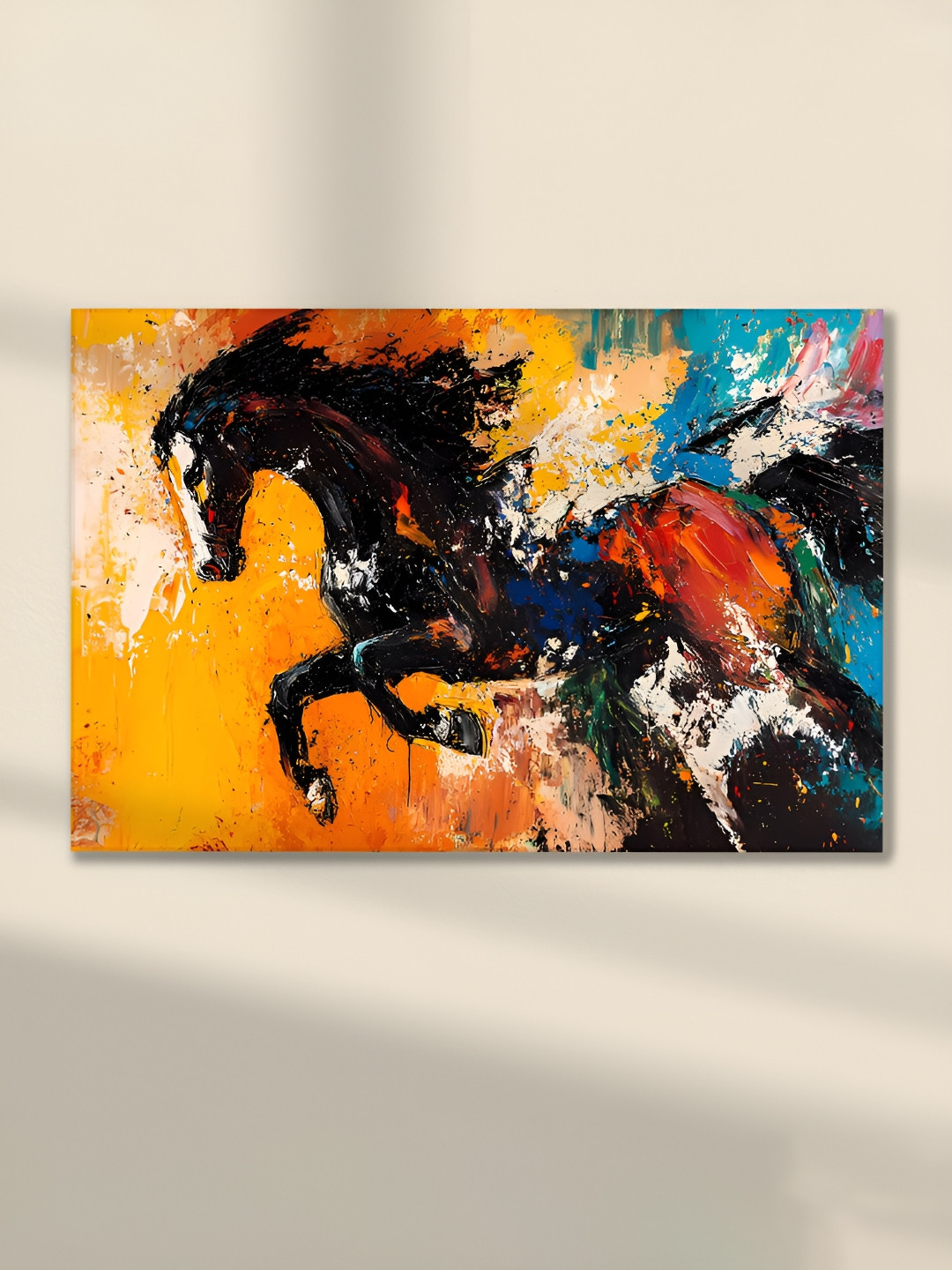 Myntra Elegant Homes Yellow & Black Landscape Running Horse Printed Canvas Wall Art