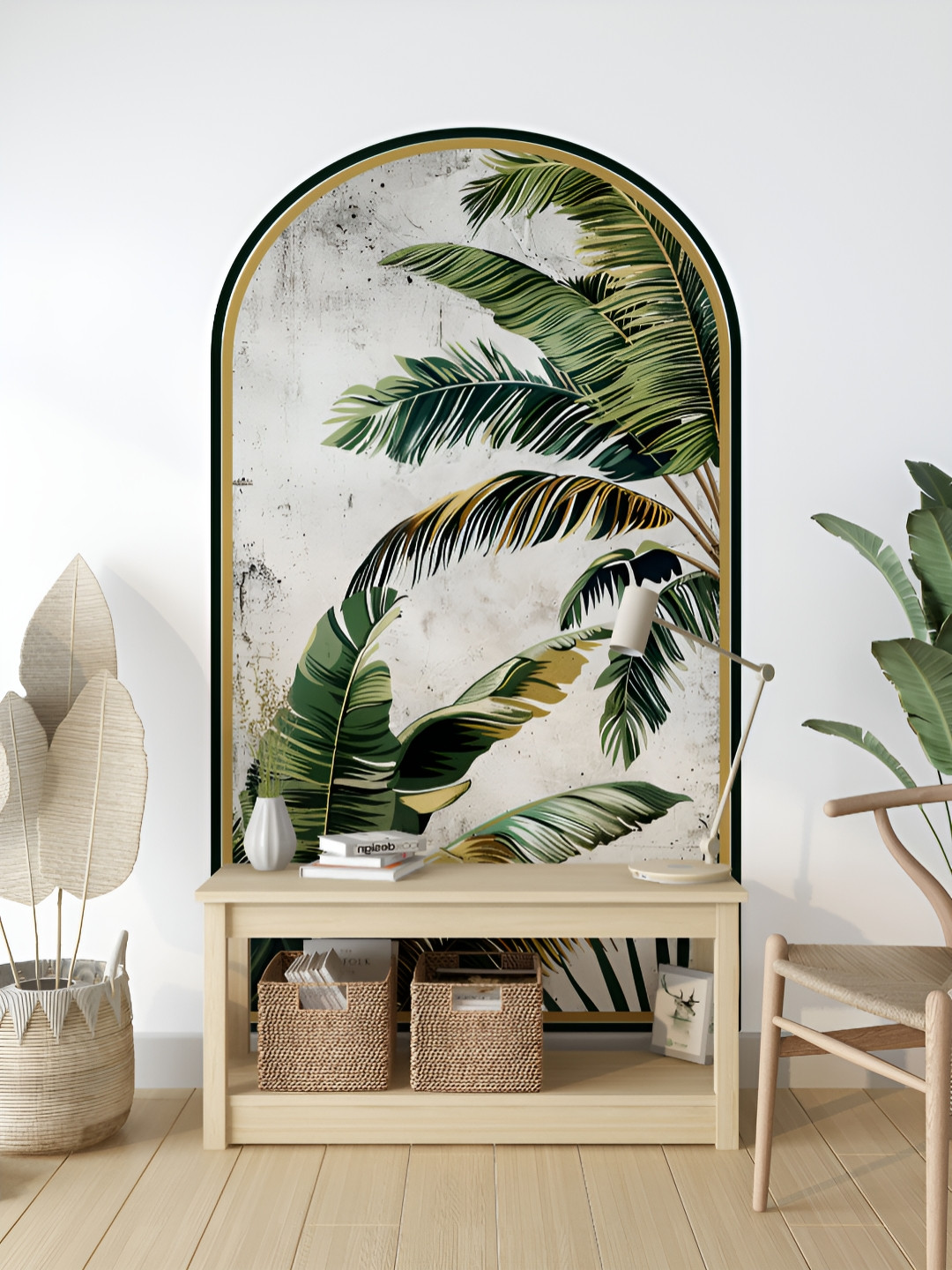 Myntra Elegant Homes Green & White Printed Arch Design With Tropical PalmLeaf Wall Sticker