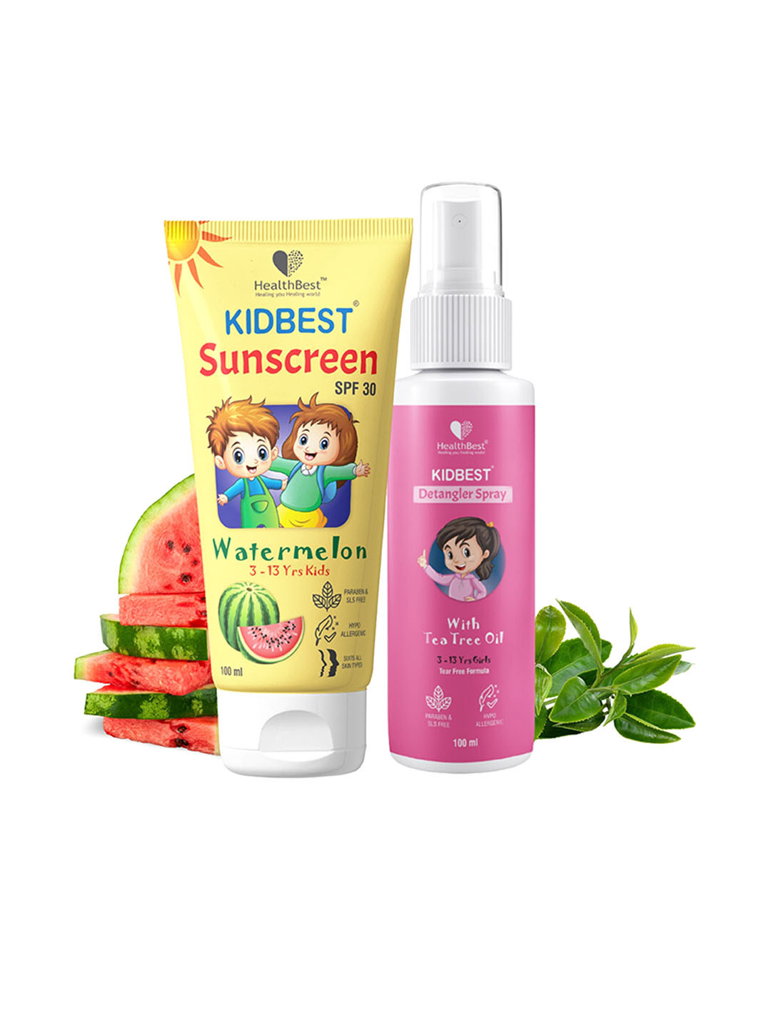 HealthBest Set Of 2 Kidbest Sunscreen SPF 30 PA+++ -100 ml Hair Detangler Spray -100 ml