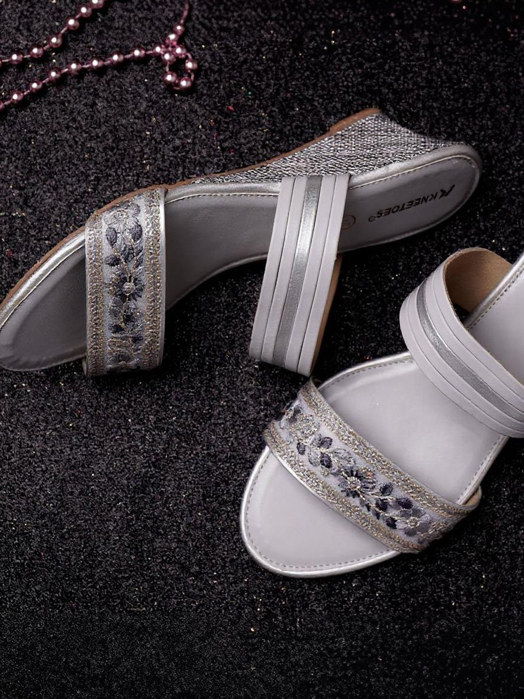 Kneetoes Women Soft Light-Grey Embroidered Wedge Sandals